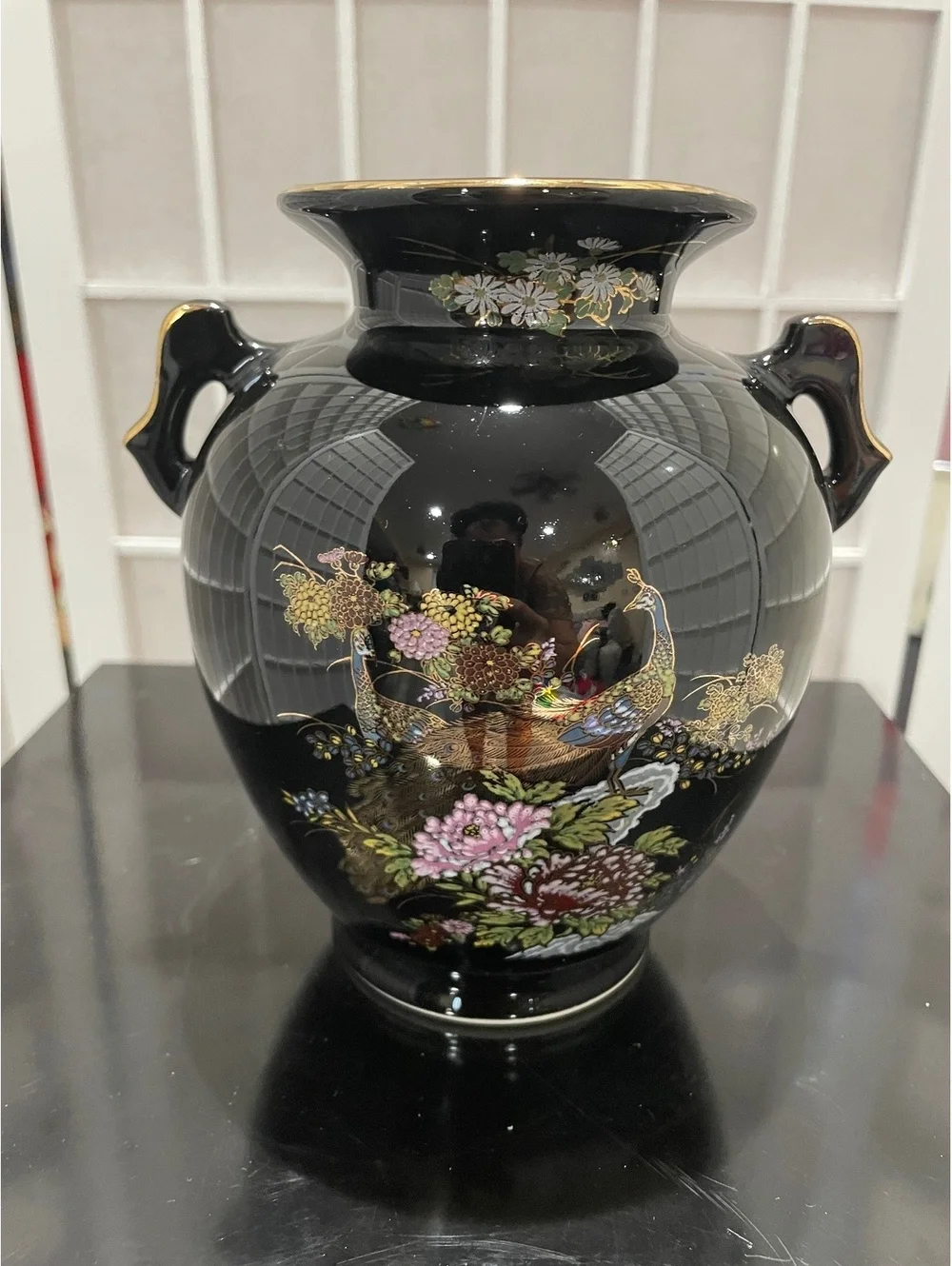 Vintage Japanese Black Ceramic Vase with Hand-Painted Floral and Bird Design